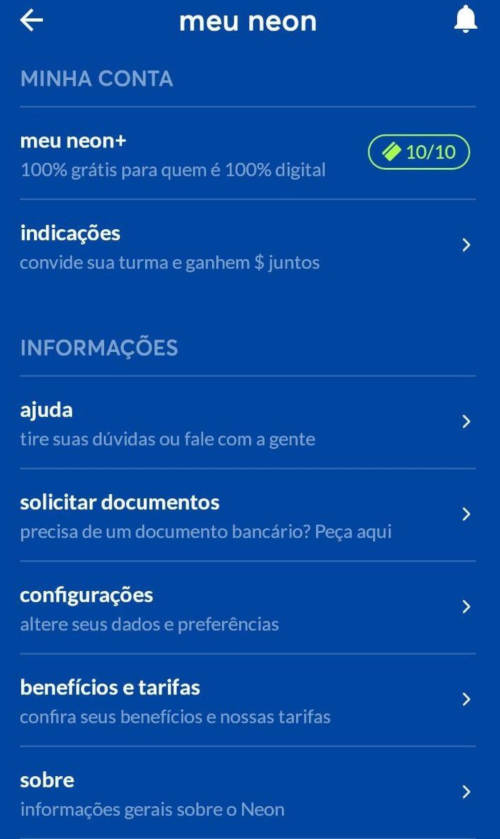 menu configurações do Meu NEON