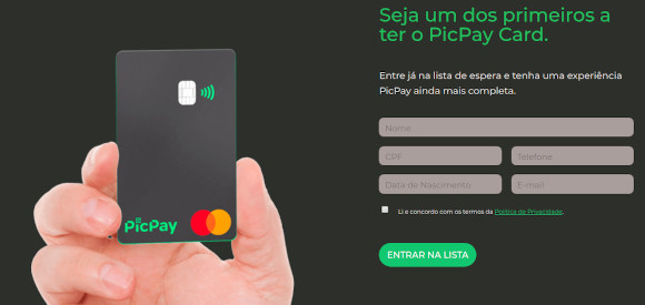 Página de solicitação do cartão PicPay Card, etapa 1.