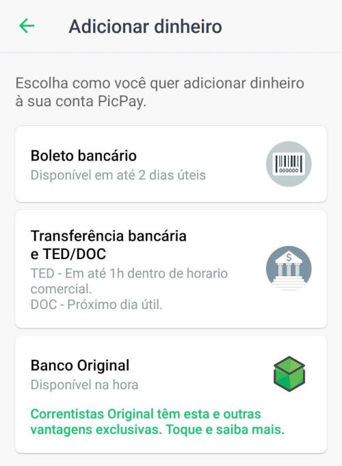 PicPay adiciona transferência de dinheiro instantãnea para correntistas do Banco Original, tal como revela o print do APP.